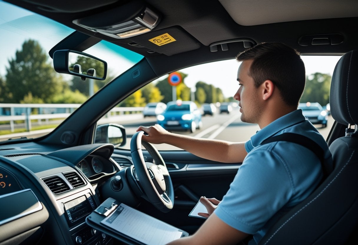 A driving instructor watches a learner driver checking mirrors and signalling inside a car during a driving test.