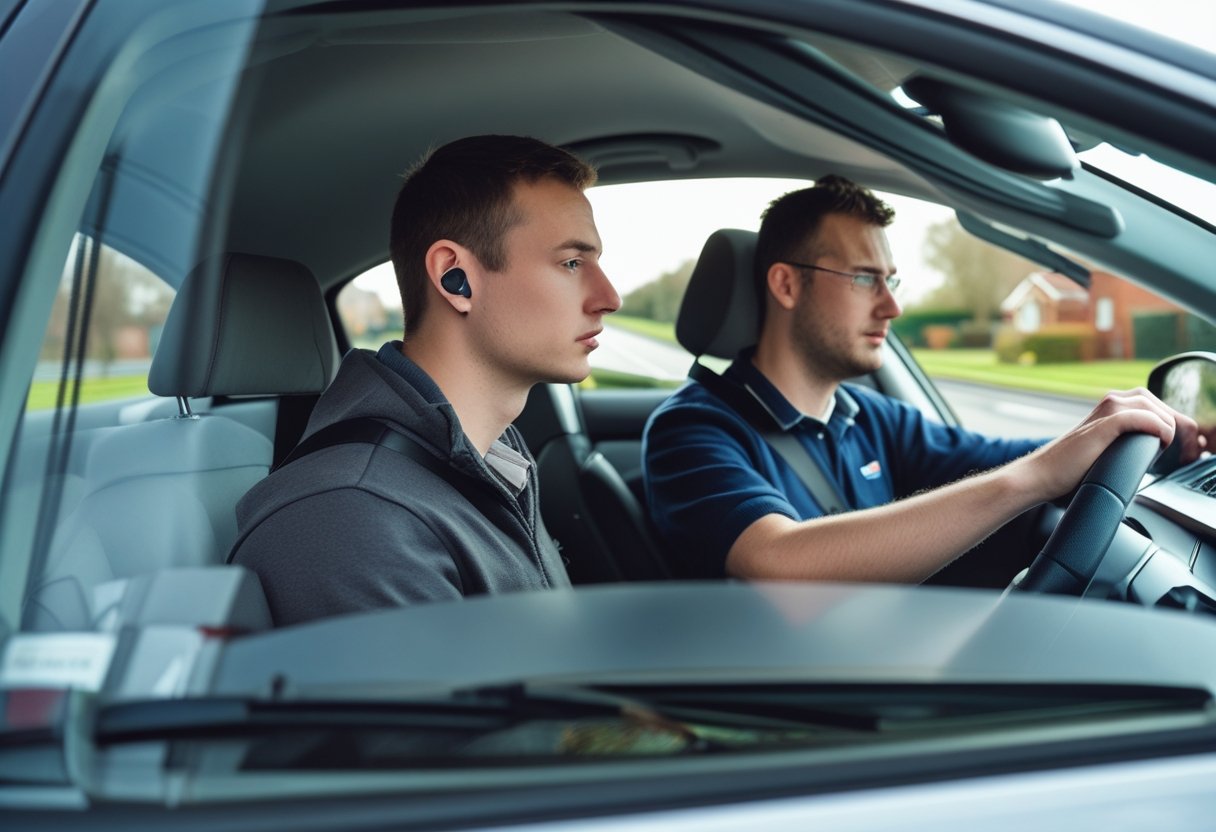A learner driver and instructor inside a car performing a mirror-signal-manoeuvre routine on a quiet suburban street.