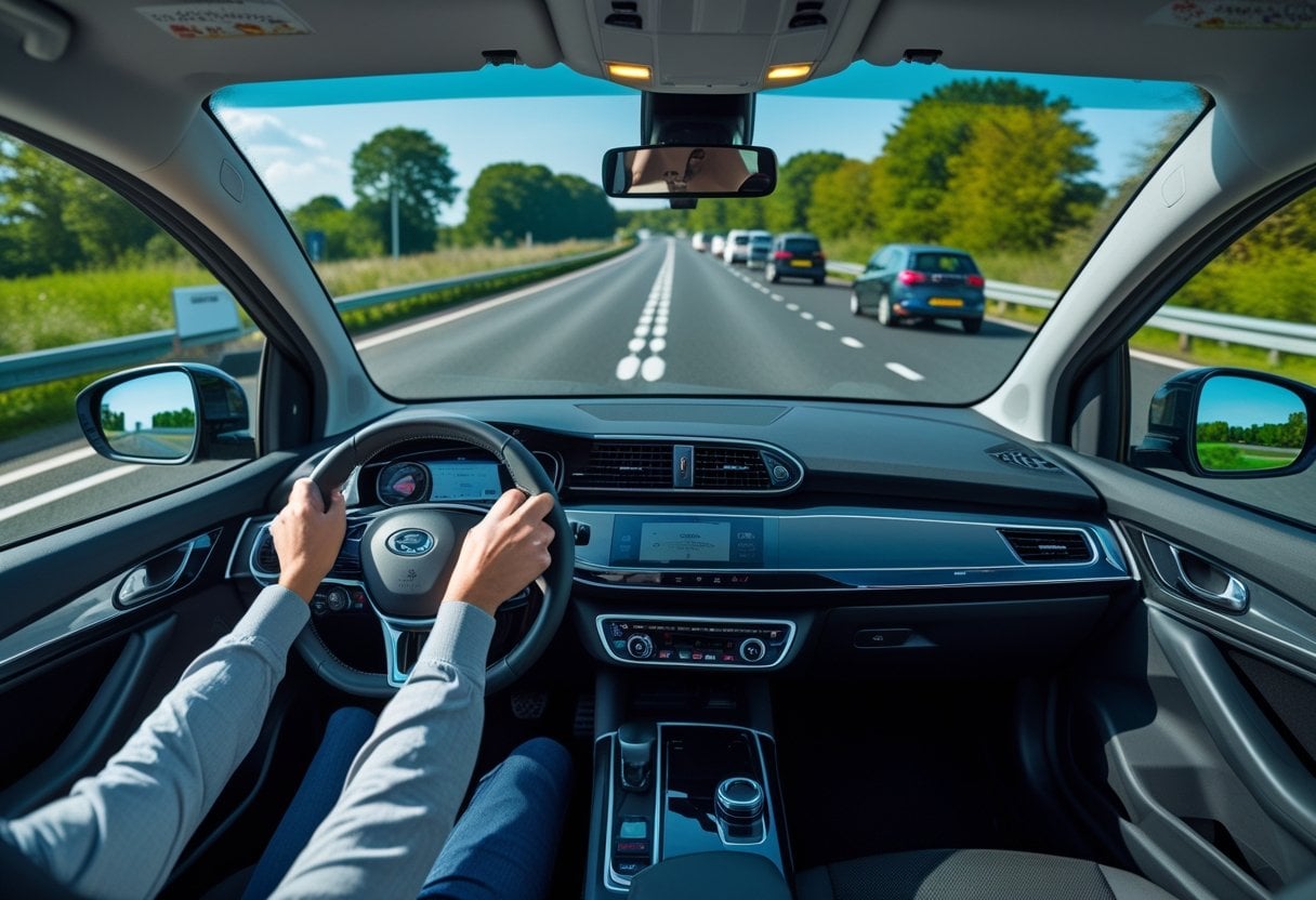 Driver inside a car navigating a dual carriageway with clear road markings and other vehicles visible ahead.