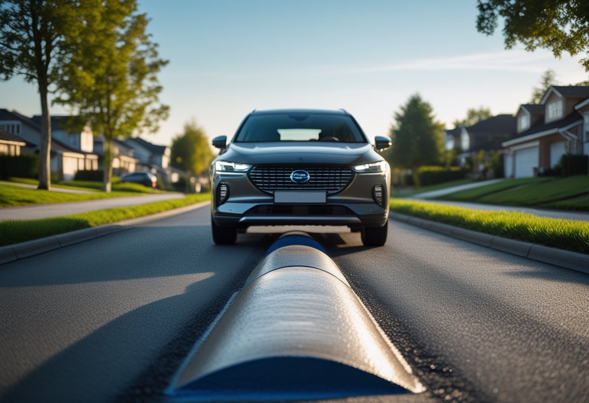 A car gently slowing down as it approaches a speed bump on a suburban road with houses and trees in the background.