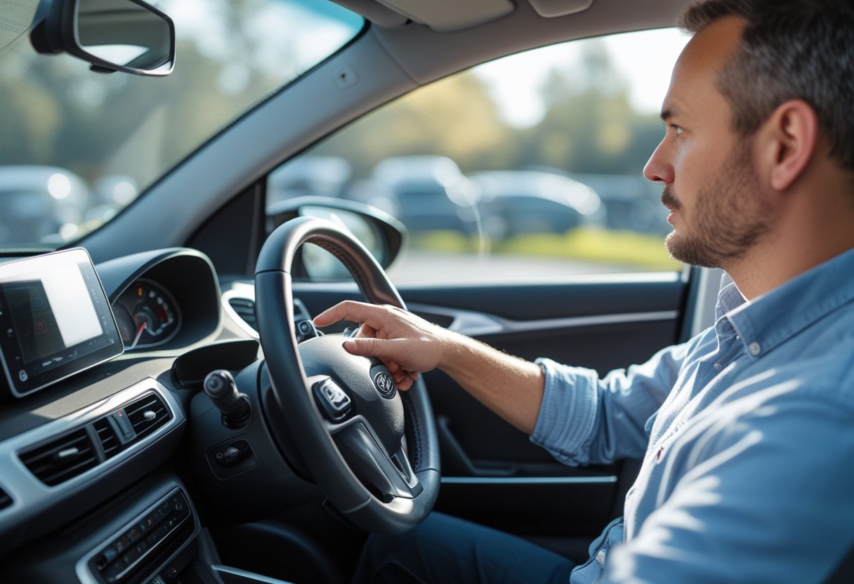 A driving instructor watching a learner driver using the clutch pedal inside a car.