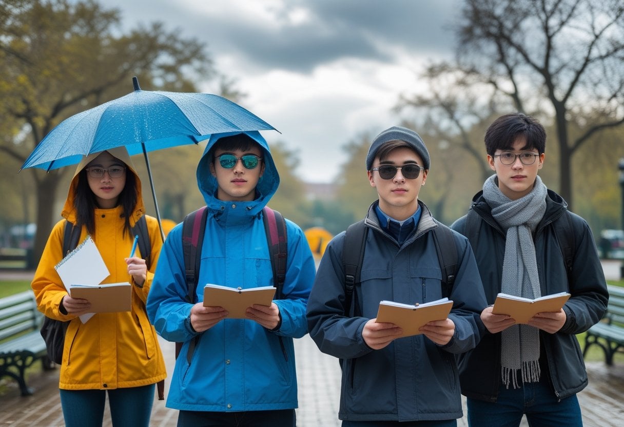 Students outdoors dressed for rain, sun, and cold weather, preparing for an exam.
