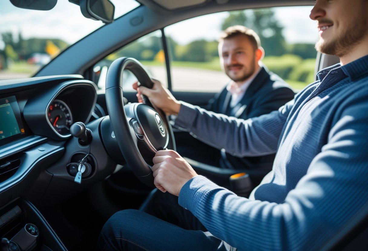 A driver pressing the clutch pedal with their left foot while a driving examiner watches attentively inside a car.