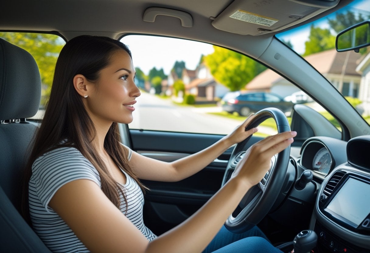 A young woman driving a car with a driving instructor sitting beside her, both engaged in conversation during a driving lesson.