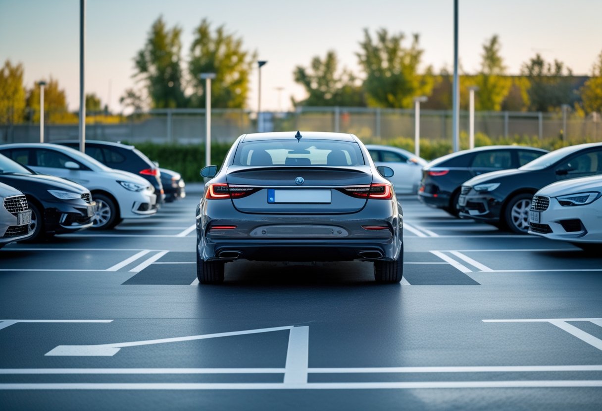 A car reversing into a marked parking bay in a parking lot with other parked cars and greenery in the background.