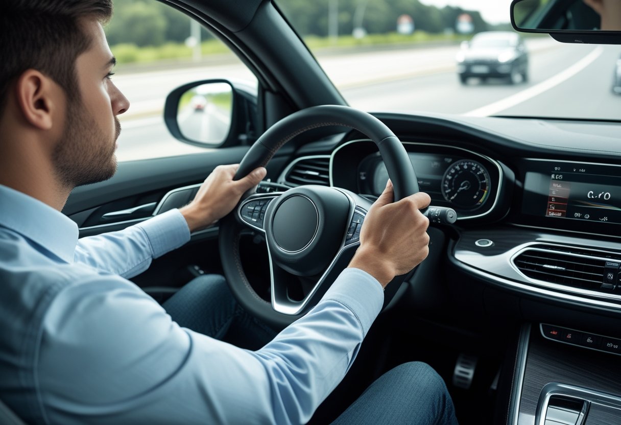 Driver inside a car performing a controlled emergency stop with hands on the steering wheel and foot on the brake pedal, focusing on the road ahead.