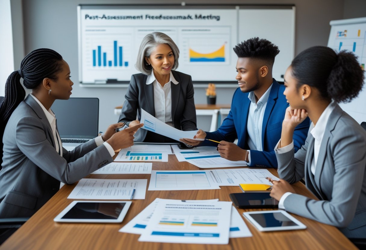 Three colleagues in a modern office reviewing paperwork and discussing feedback around a table.