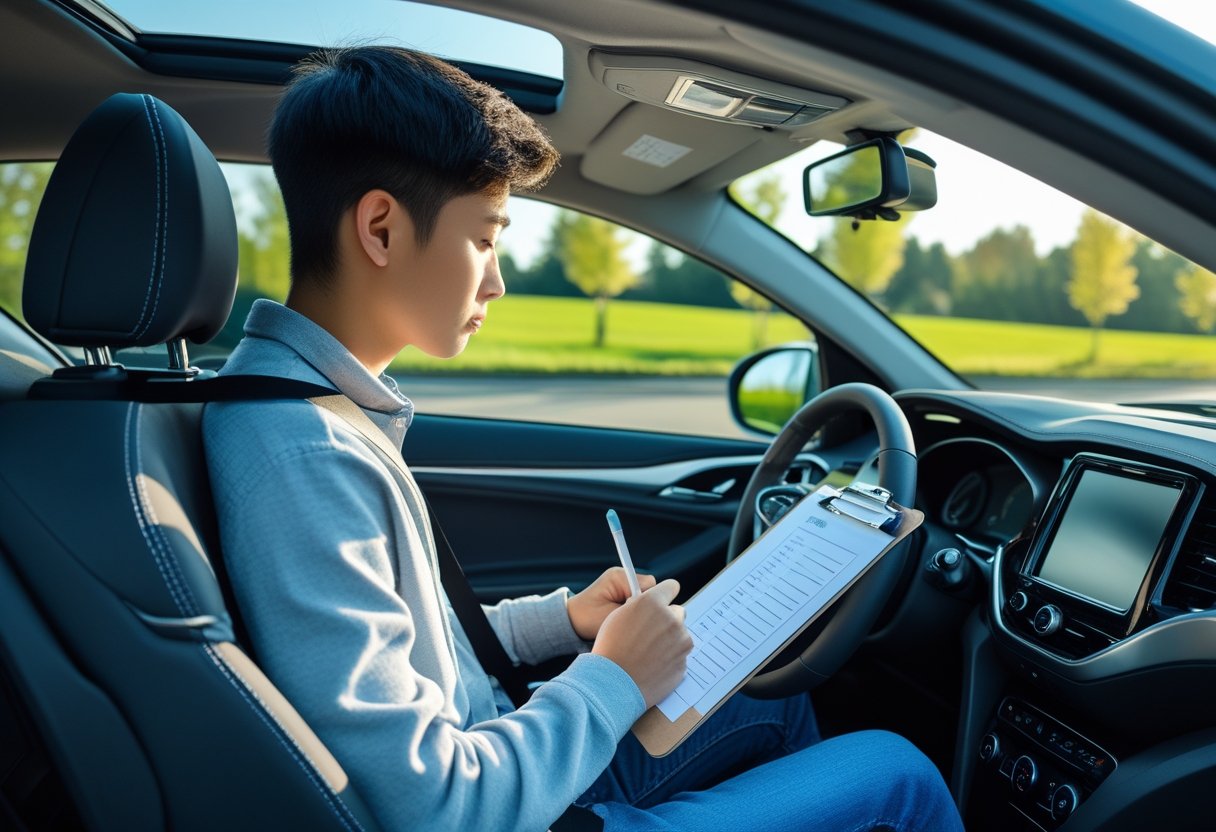 Person sitting inside their own car taking a written test on a clipboard while parked on a quiet street.