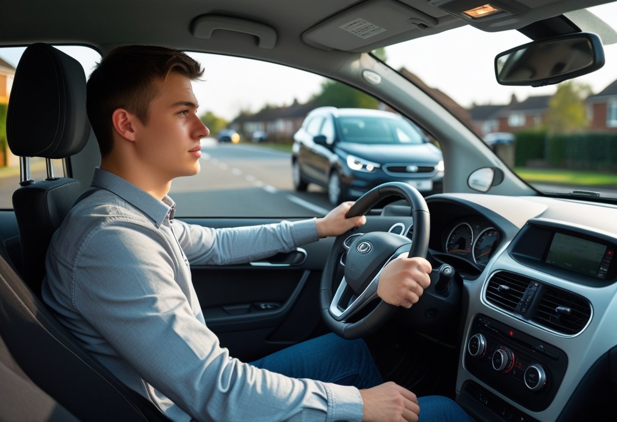 A young driver sitting in their own car on a quiet street, preparing for a driving test.