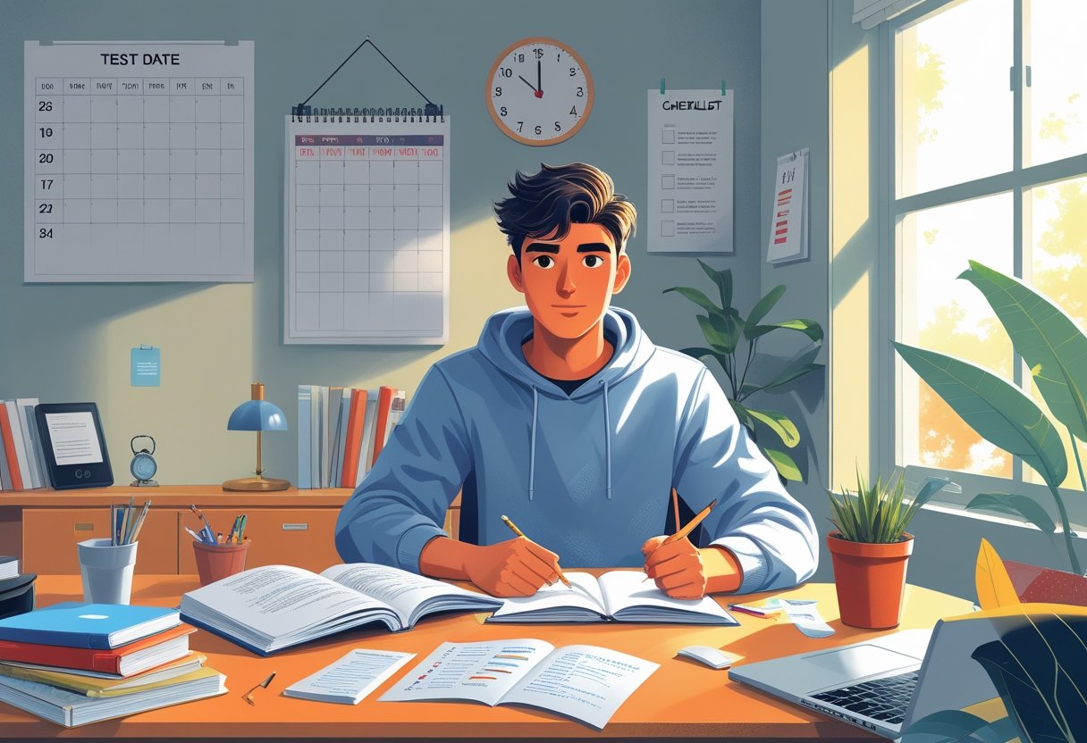 A young adult sitting at a desk with study materials, looking focused and confident, with a calendar and checklist nearby indicating preparation for a test.