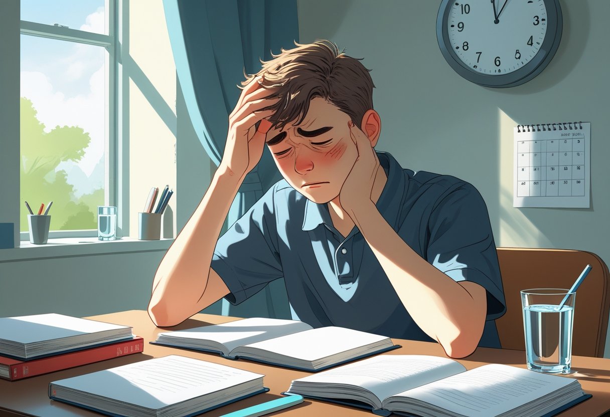 A student sitting at a desk looking anxious and unwell before a test, with study materials and a clock showing the test time nearby.