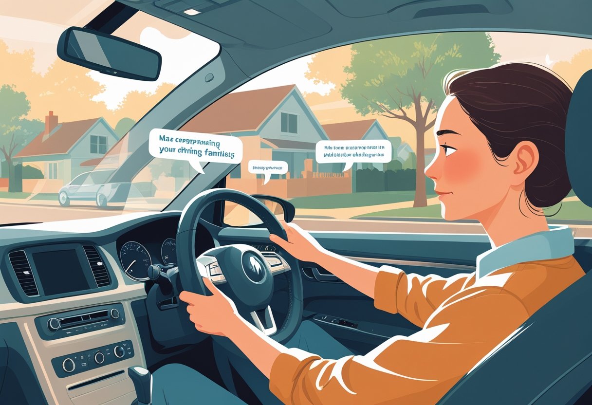 A person calmly driving a car while faint speech bubbles outside show comments from friends and family.