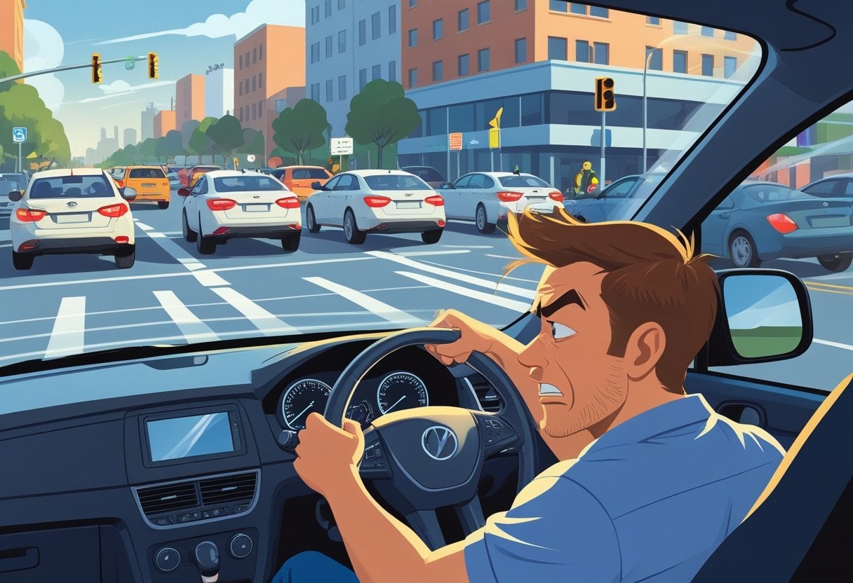 A driver inside a car looks frustrated while other drivers outside show impatience by honking and gesturing on a busy city street.
