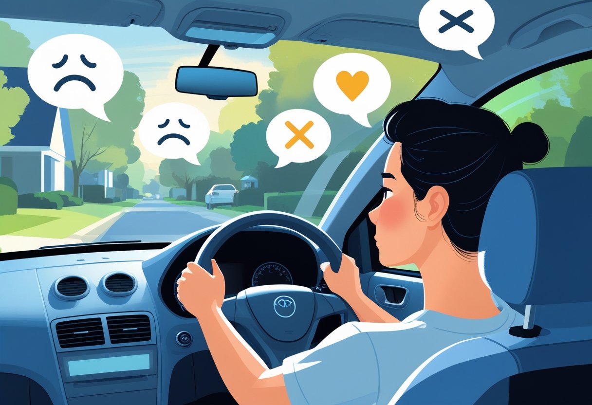 A person calmly driving a car with faint speech bubbles outside the window representing negative comments.