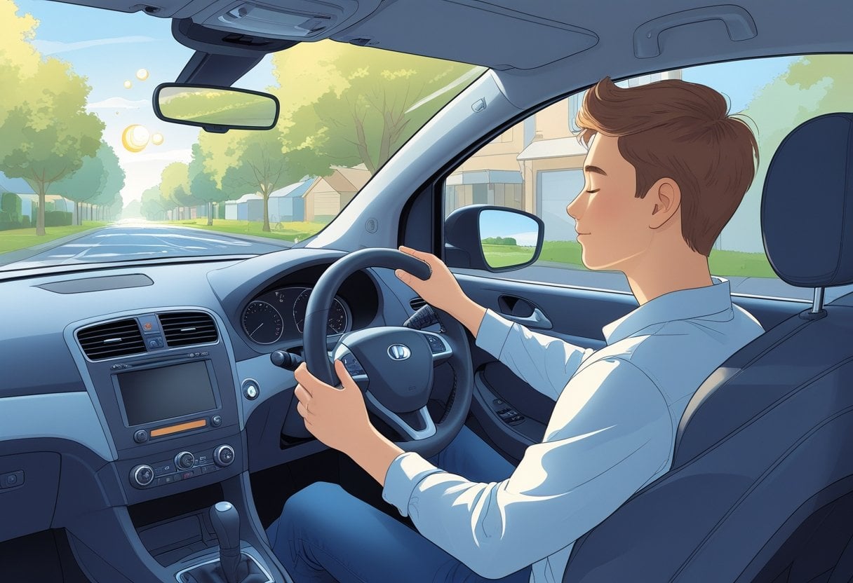 A learner driver sitting calmly in a car with eyes closed, practising mindfulness while parked on a quiet suburban street.