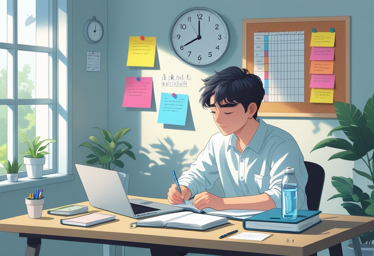 A person sitting at a tidy desk with a laptop and notebooks, focused on studying in a well-lit room with a window, plant, and a wall clock.