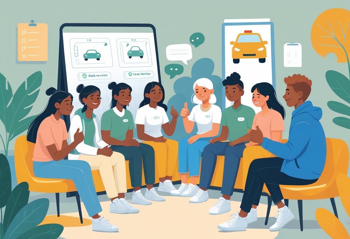 A group of learner drivers and an instructor sitting together in a supportive setting, discussing driving with friendly and encouraging expressions.