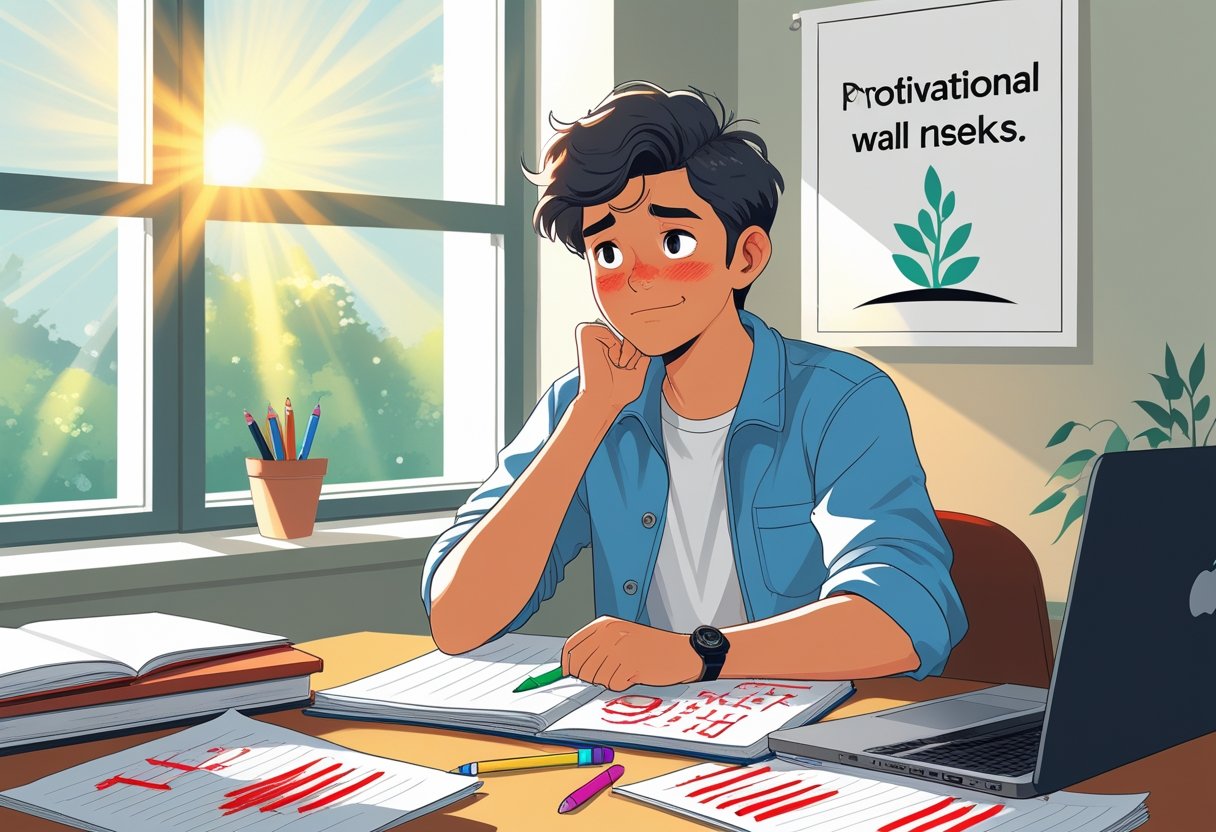 A student sitting at a desk with test papers and study materials, looking determined and hopeful with sunlight coming through a window behind them.