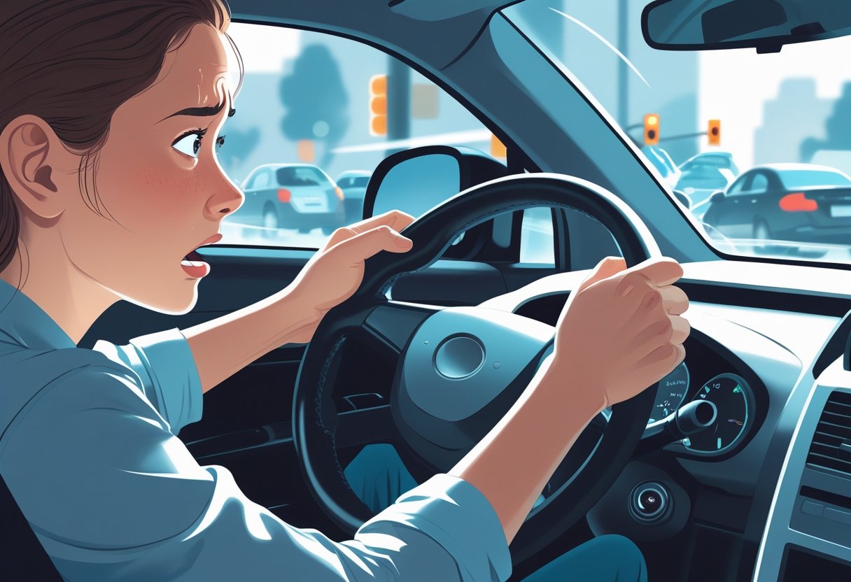 A person gripping a car steering wheel tightly with a worried expression, driving on a busy road.