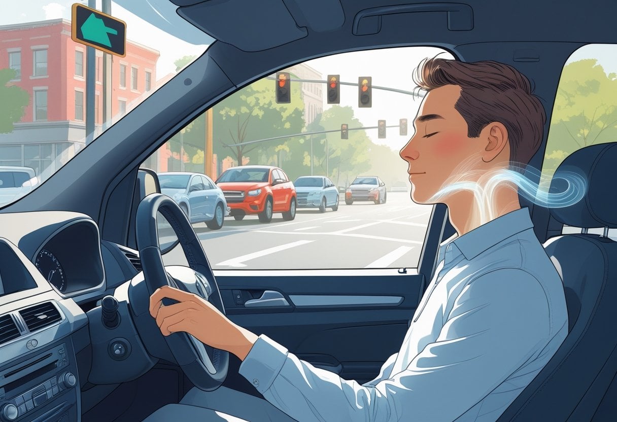 A driver sitting calmly in a car at a red traffic light, demonstrating deep breathing with a peaceful expression.