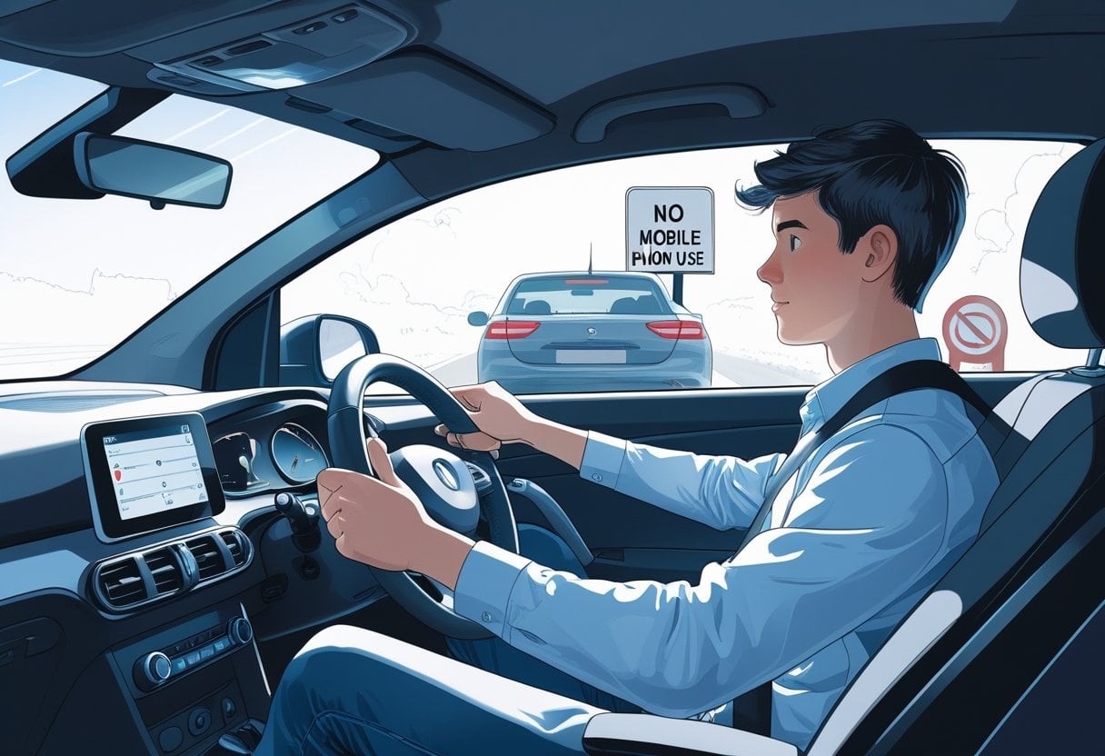 A learner driver and instructor inside a car with the driver focused on the road and no mobile phone visible.