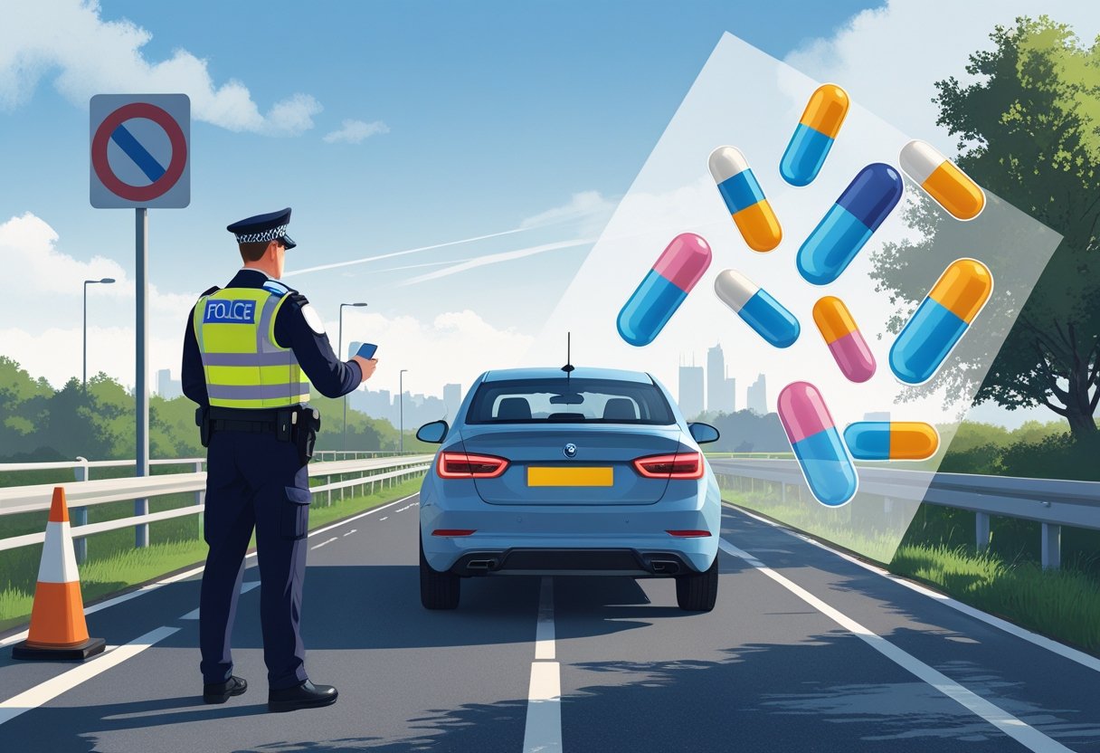A police officer stops a car on a UK road while prescription medication bottles appear in the background, symbolising drug-driving laws.