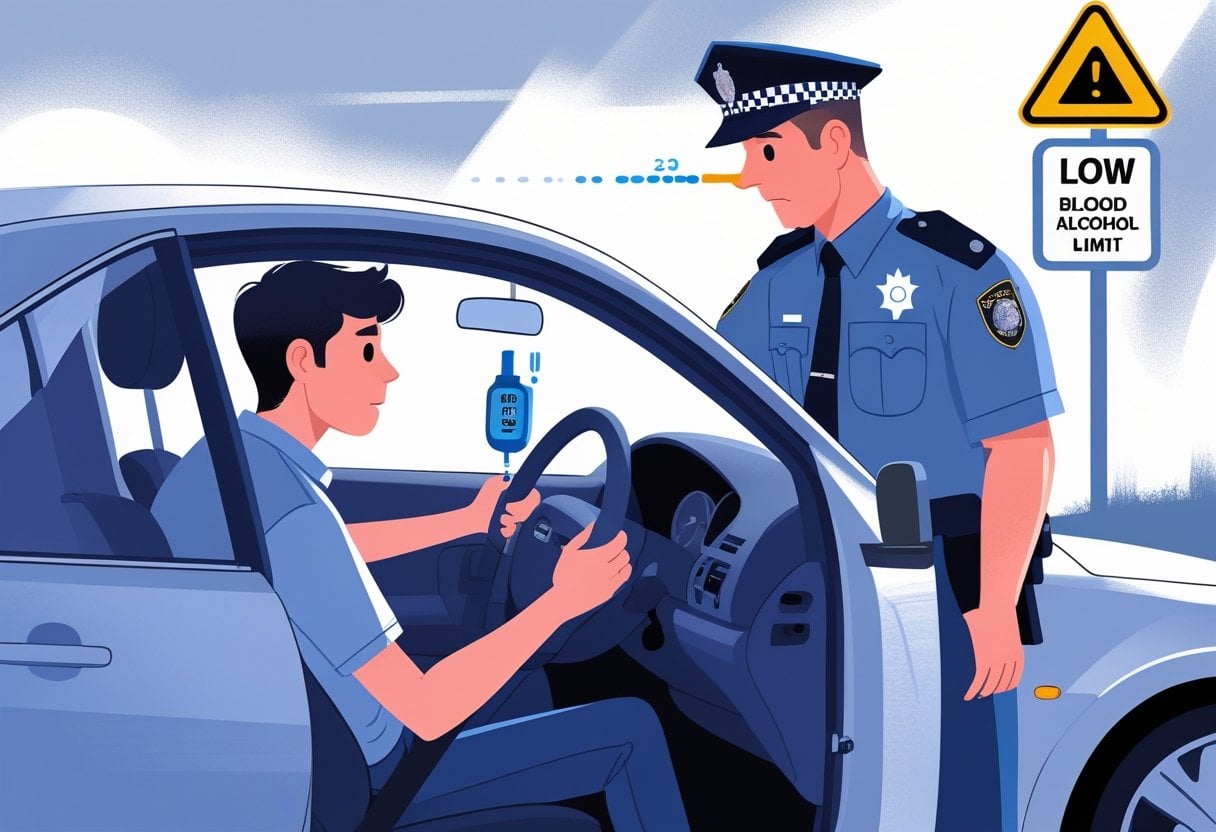 A learner driver in a car being tested by a police officer with a breathalyser on a suburban street.
