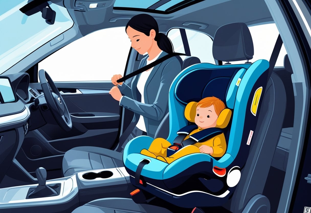 A parent fastening their seatbelt in a car while a child is securely buckled into a child safety seat in the back.
