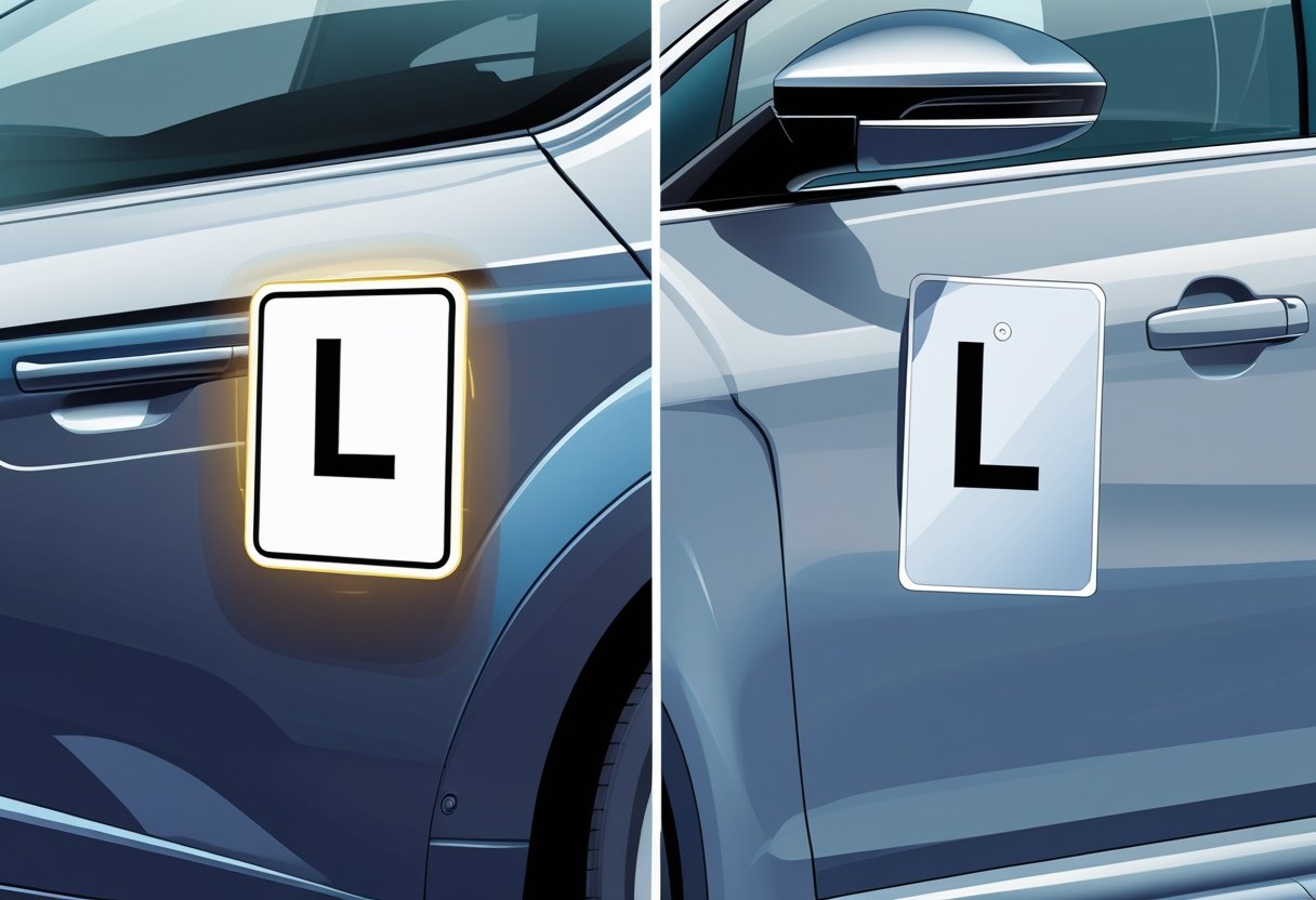 A car door showing two learner driver L plates side by side, one magnetic and one sticker-type.