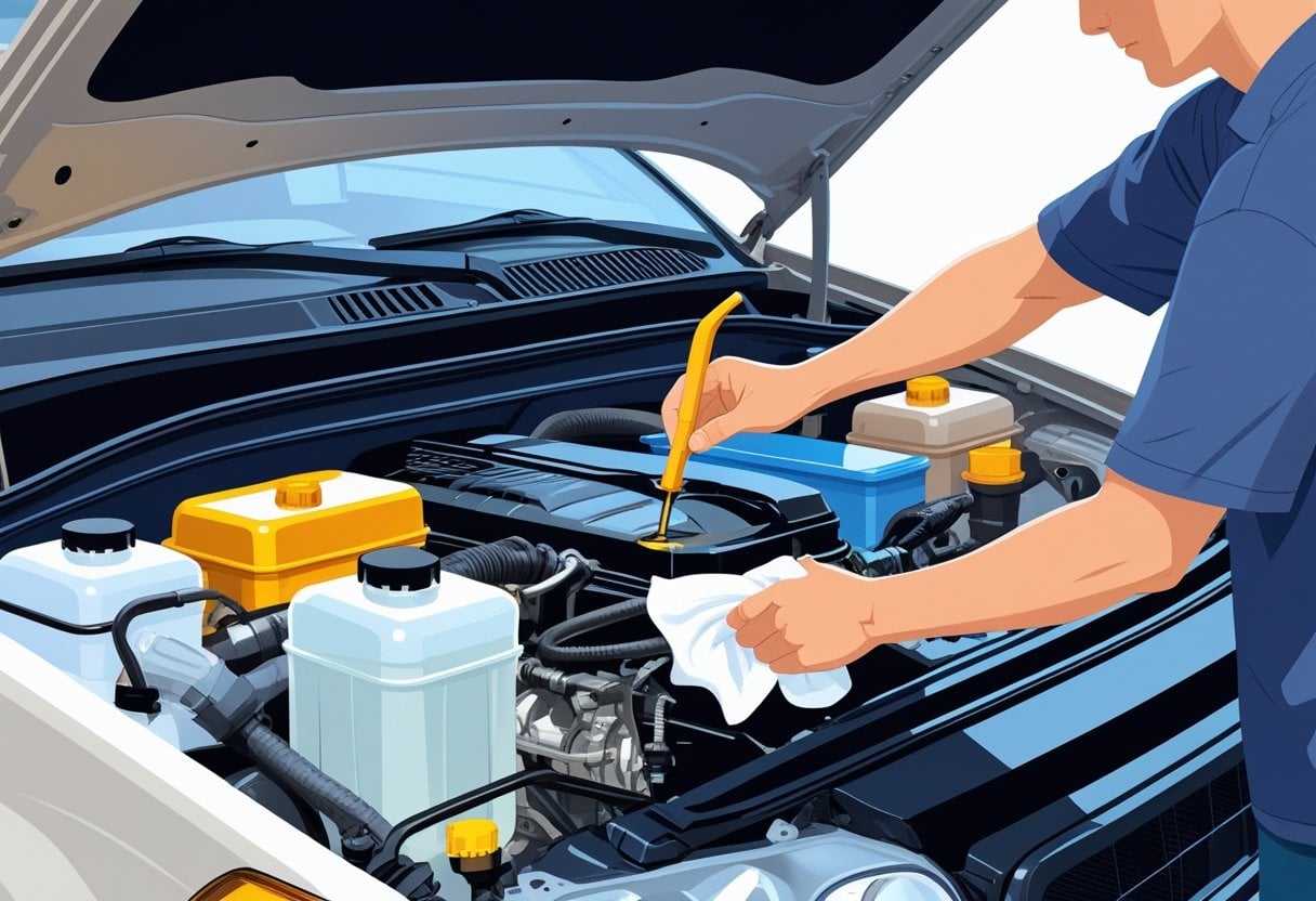 A person checking fluid levels under the open bonnet of a car, focusing on the engine oil dipstick and fluid reservoirs.