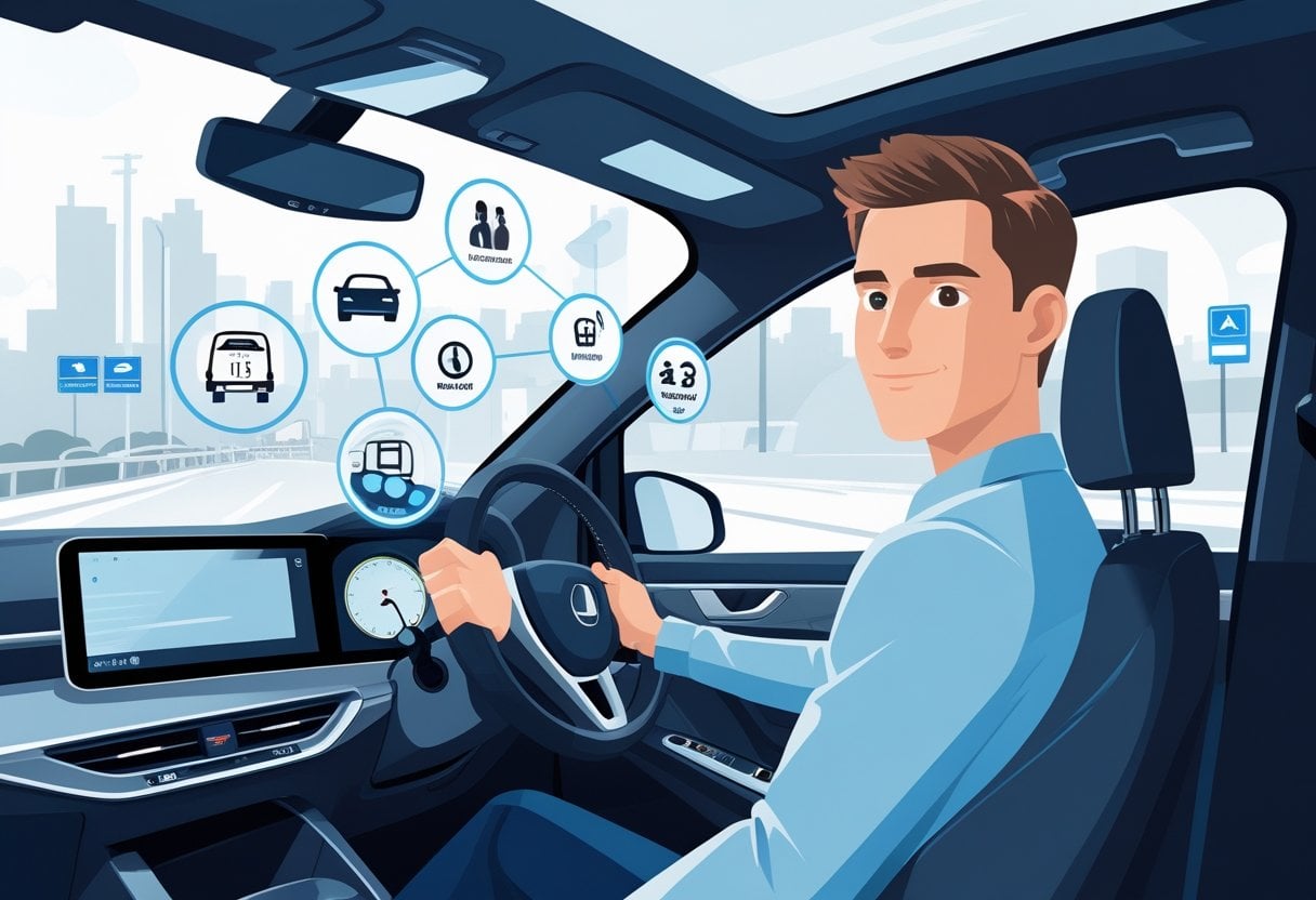 A driver in a car with digital icons around the vehicle representing licence restrictions, set against a city road background.