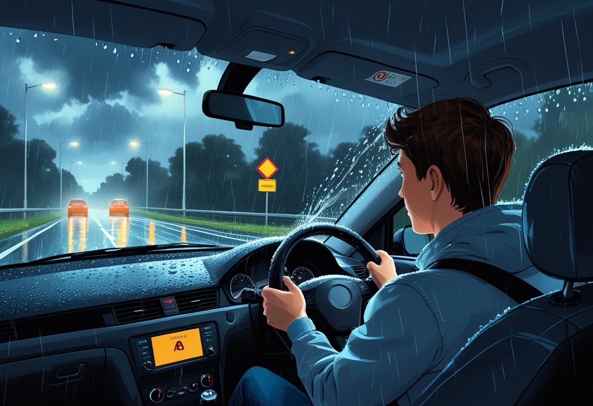 A learner driver inside a car driving carefully on a wet road in heavy rain with dark clouds and road signs visible outside.