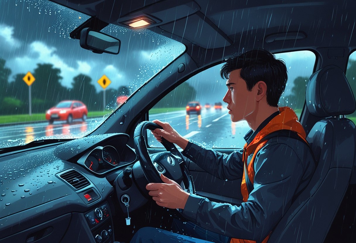 A learner driver inside a car driving through heavy rain with wet roads and dark clouds outside.