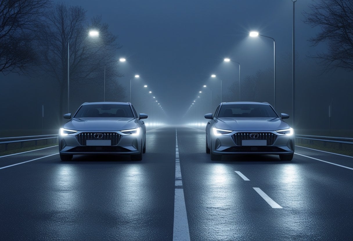 A car on a road showing standard headlights lit on one side and fog lights lit on the other side during foggy weather.
