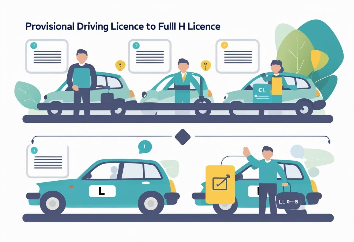 Illustration showing the steps to convert a provisional driving licence to a full licence, including driving with an L plate, taking a test with an examiner, receiving a certificate, and obtaining a full driving licence card.