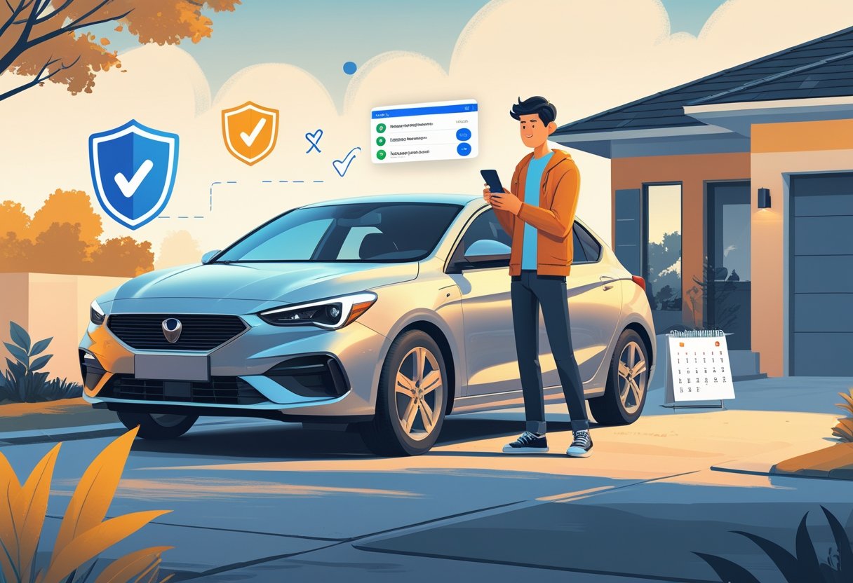 A young adult standing by a new car in a driveway, holding a smartphone showing an insurance app, with icons representing protection and coverage around them.