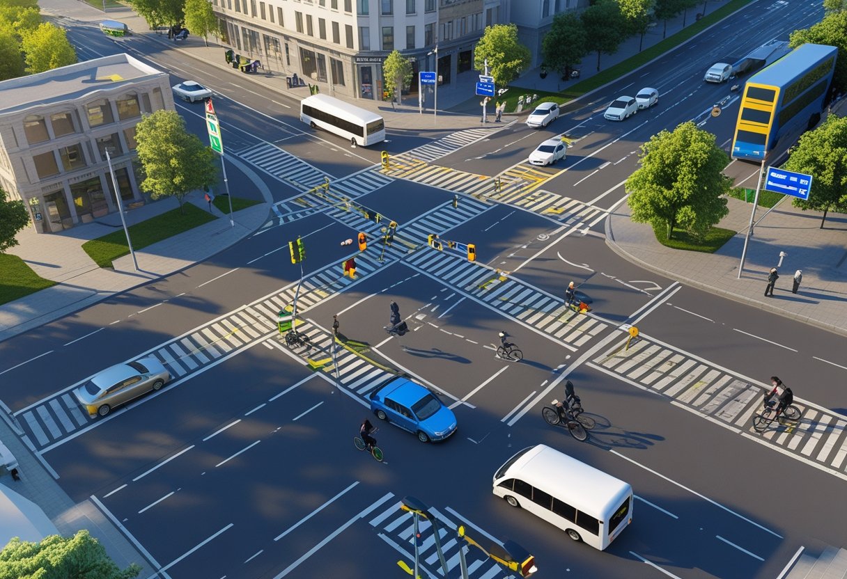 A busy urban road junction with vehicles and pedestrians carefully observing traffic signals and surroundings.