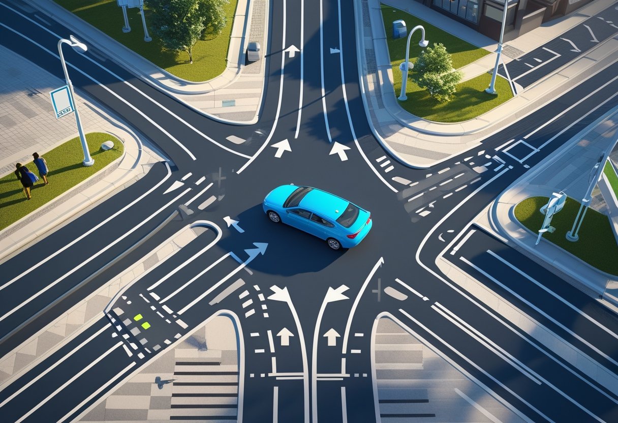 A bird's-eye view of a complex road junction showing a blue car correctly positioned in the right lane, signalling to turn right, with multiple lanes, traffic lights, and pedestrians nearby.