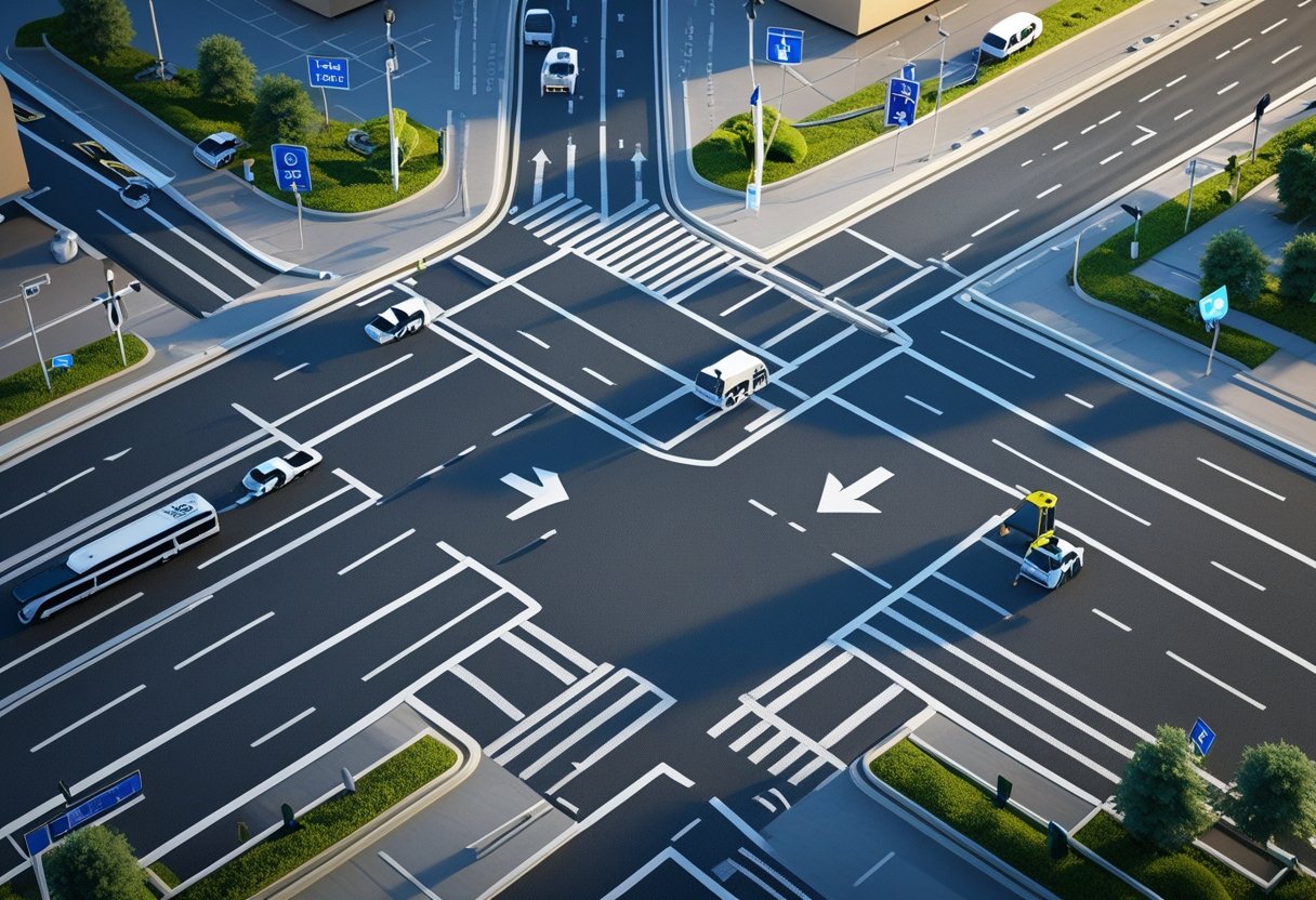 A complex road junction with multiple lanes and traffic signals showing a vehicle correctly positioned to turn right among other cars and road markings.