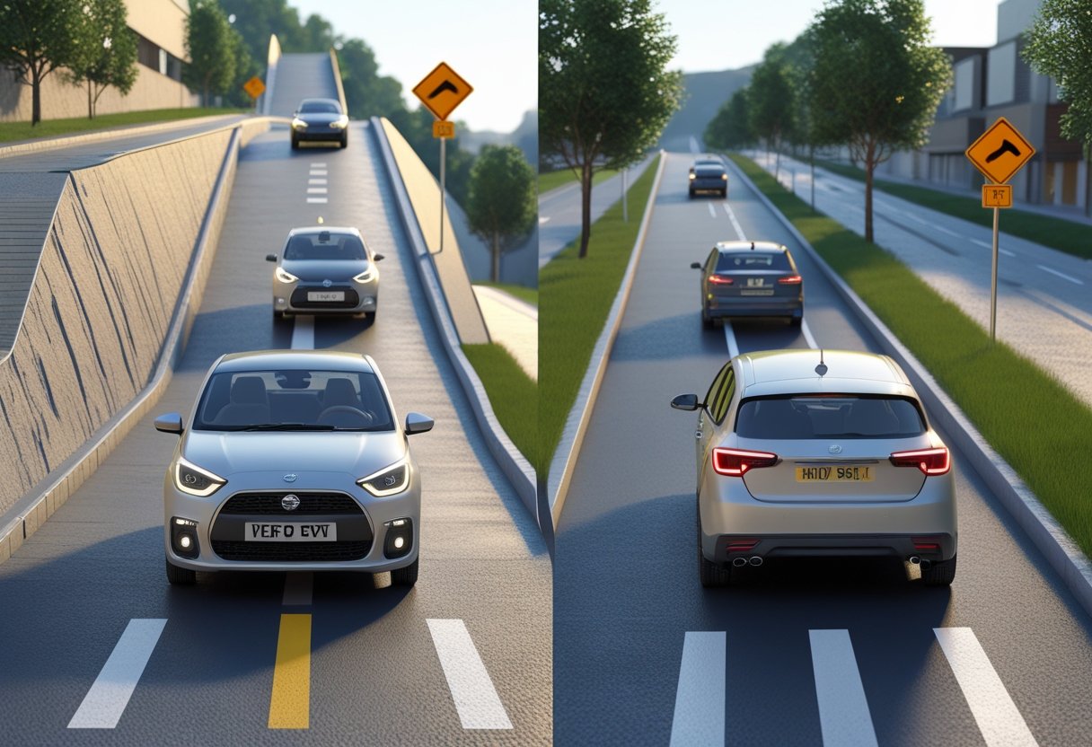 A car moving safely off on a hill, a slope, and from behind a parked car on different roads with the driver checking surroundings.