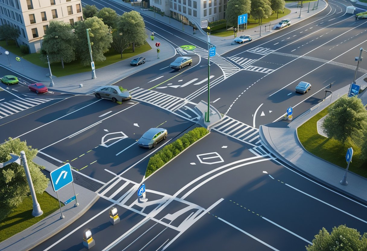 A car correctly positioned to turn right at a busy urban junction with multiple lanes, traffic signals, and road markings.