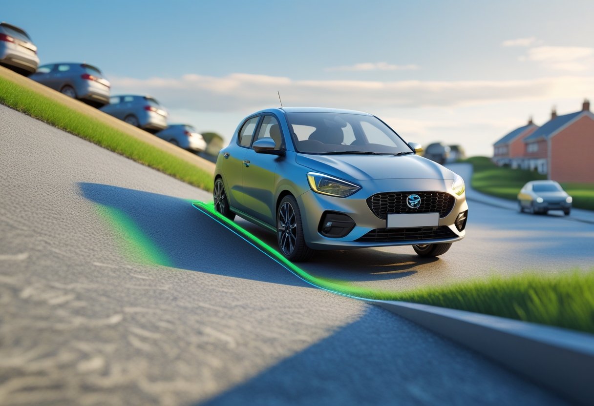 A car positioned on a steep hill with nearby parked cars and a sloped road, illustrating how to move off safely on hills and from behind parked cars.