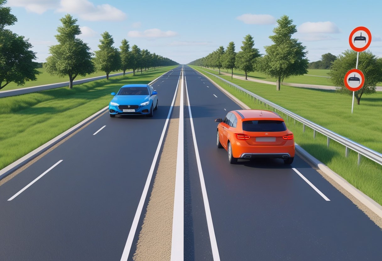 Two cars on a single-lane rural road with one car safely overtaking the other, surrounded by grass and trees.