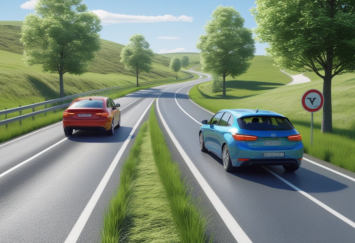 Two cars on a single-lane rural road, with one car safely overtaking the other on a clear day.