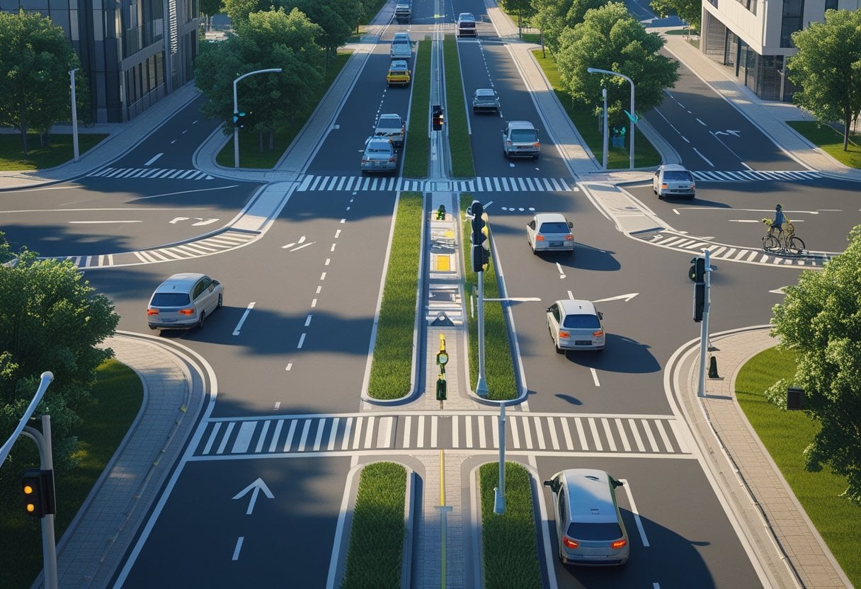 A busy staggered crossroads with vehicles and pedestrians navigating the intersection in an urban setting.