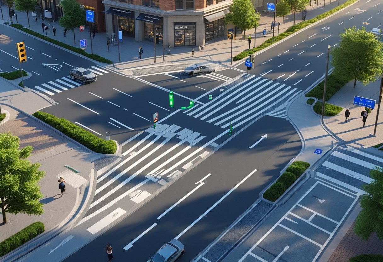 A 3D view of a staggered crossroads with vehicles, pedestrians, traffic lights, and surrounding buildings.