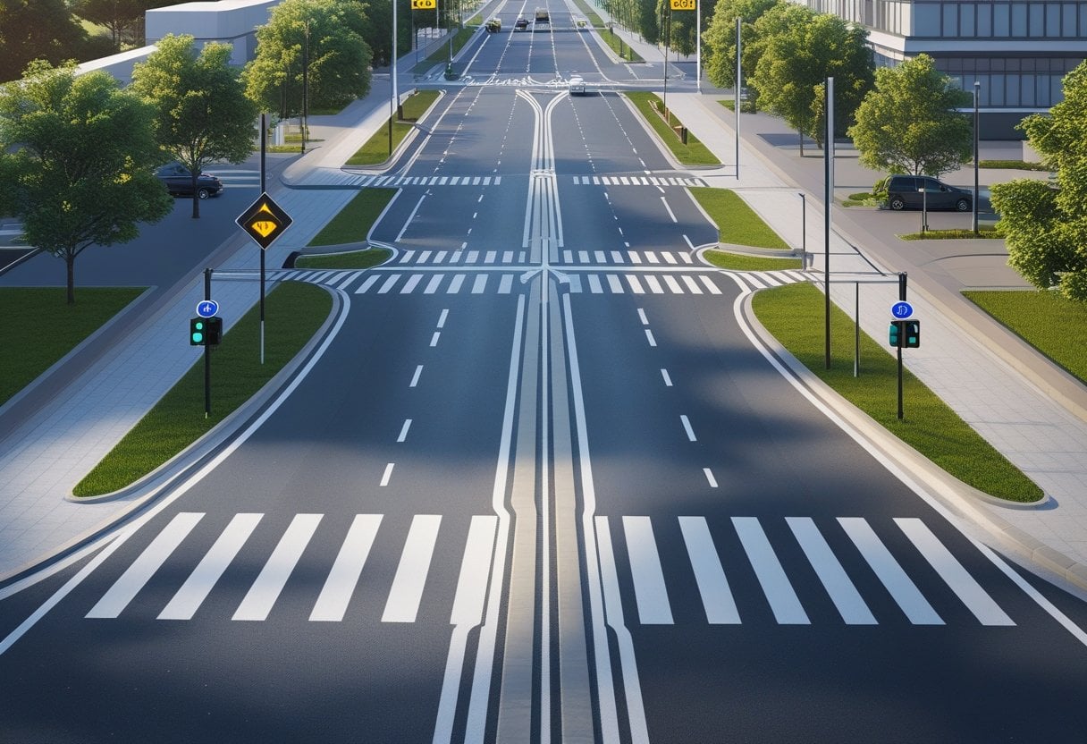 View of a staggered crossroads with two offset junctions, traffic lights, pedestrian crossings, and surrounding urban streets.