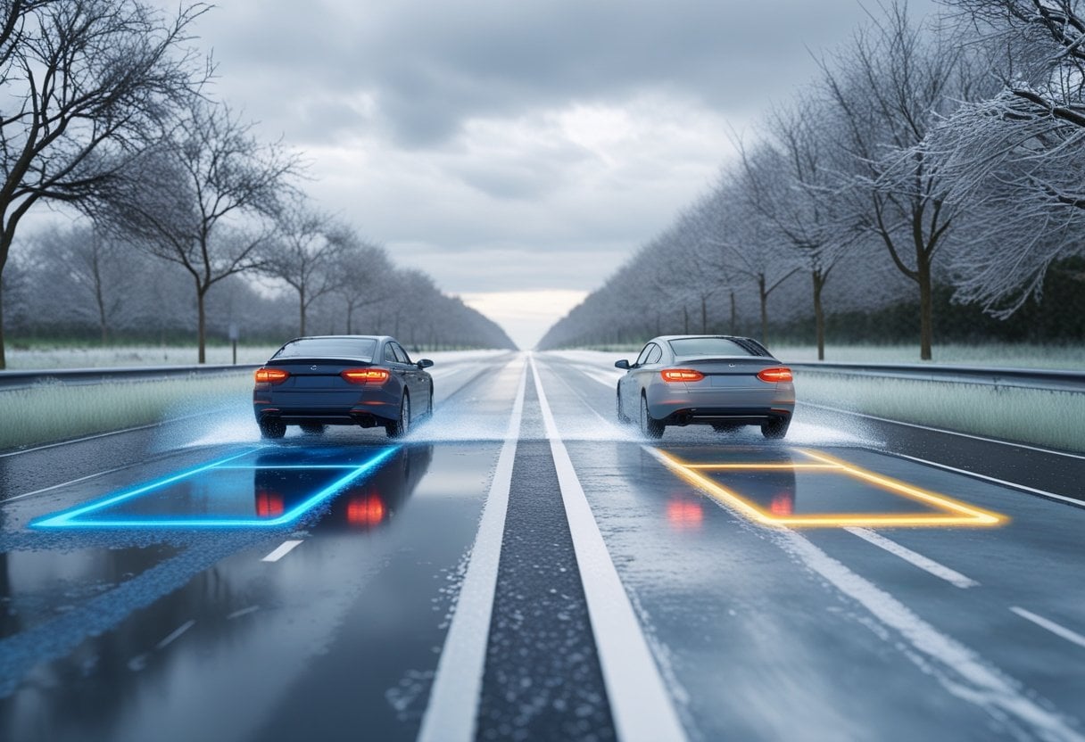A road with one lane wet and the other icy, showing two cars braking with highlighted stopping distances in front of them.