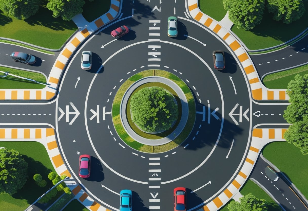 A multi-lane roundabout with cars driving in separate lanes, surrounded by green areas and pedestrian crossings.