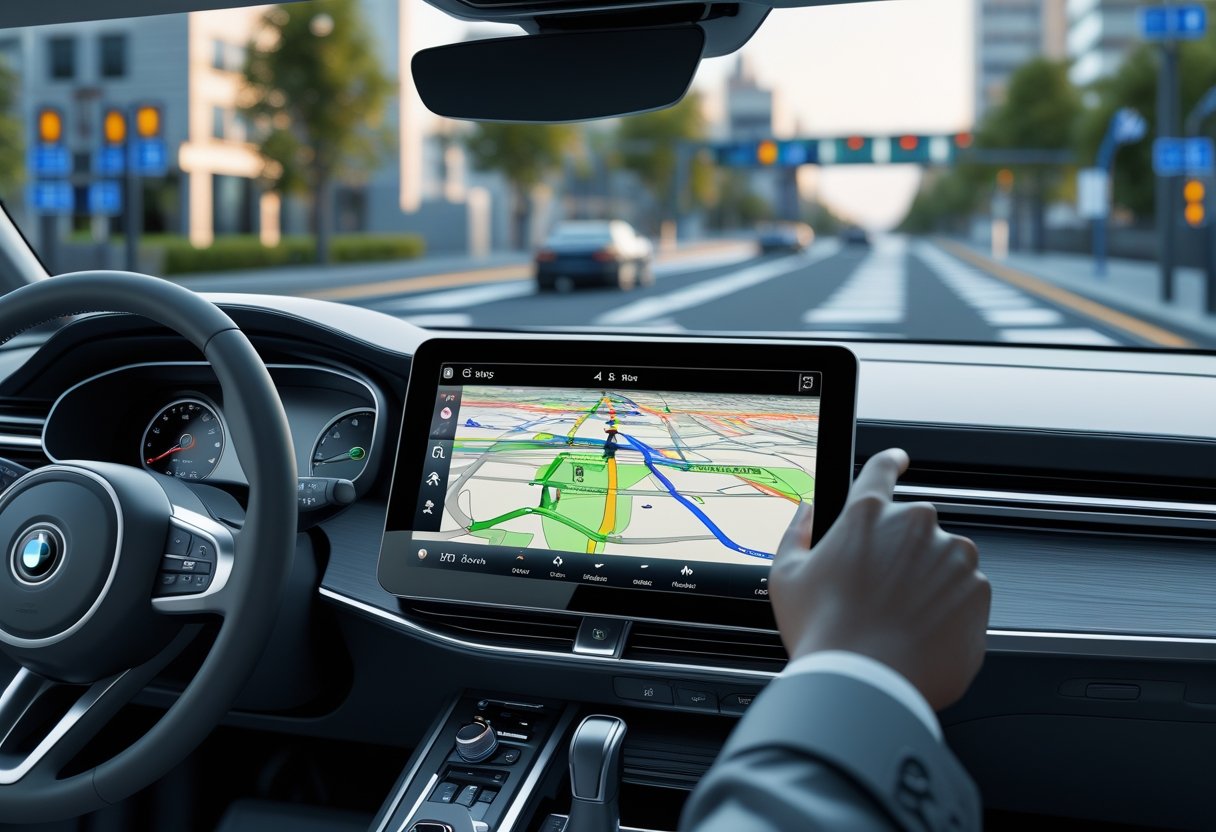 View from inside a car showing a sat-nav device displaying a route on a map, with the driver’s hands on the steering wheel and a city road scene outside.